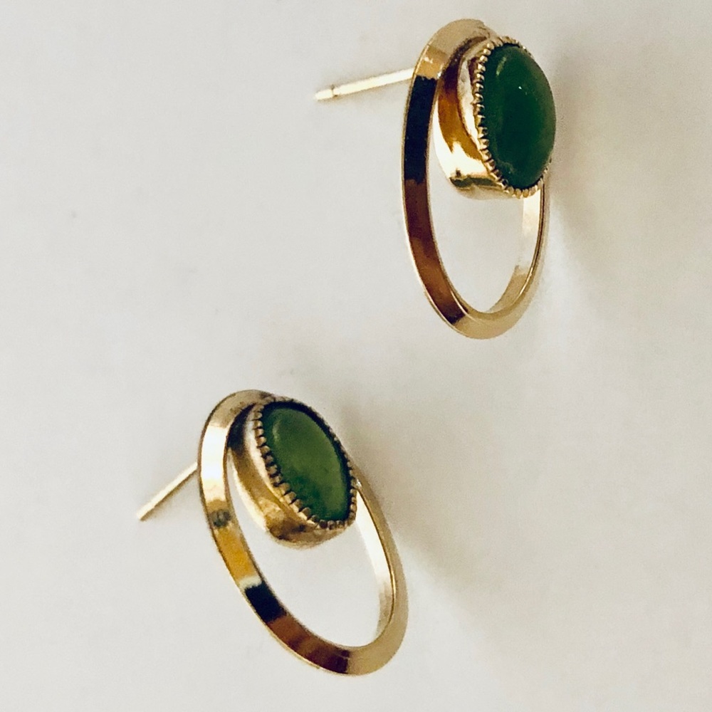 Gold Hoop Earrings with Green Stone